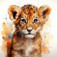 Watercolor illustration tiger cub lion cub stains splashes, children's cute cartoon room decor, photo wallpaper, print, poster, wall painting, transparent background, interior - generative AI