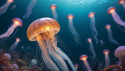 Fototapeta na wymiar A Jellyfish In A Sea Of Shimmering Sea Creatures Upscaled 8 2