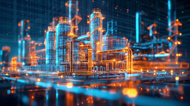 Virtual abstract industrial factory with wireframe mesh and glowing objects