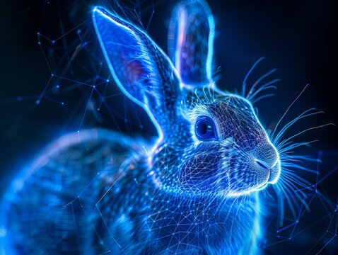Close-up of a rabbit's muzzle in a grid style. Polygonal computerized image of a hare. Facial recognition grid on a live object. Cute pet glows in the dark. Illustration for cover, card, brochure, etc