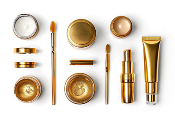 Set of gold cosmetic products isolated on white background