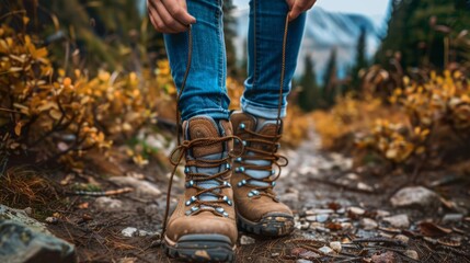 Close up of woman's hands tying shoelaces on his hiking boots