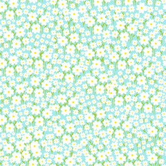 Seamless bright spring or summer floral vector pattern. Background with small plants, daisy flowers, leaves. 
