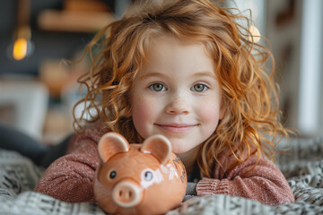 Portrait of little girl embracing her piggy bank while lying down on the floor looking at camera smiling