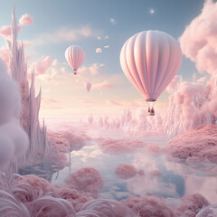 balloons fly in a dreamy surreal word with pink clouds and lands