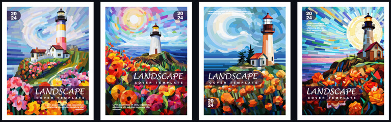 Set of notebook or diary cover backgrounds. Landscapes with a lighthouse.