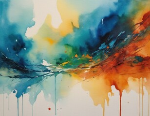 Abstract watercolor explosion of colors on canvas, artistic background with vibrant hues blending into each other.