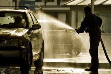 Man Washing Car With Hose