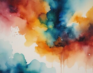 Abstract watercolor painting with vibrant red and orange hues blending into soft yellows and subtle blues, resembling a fiery sunset sky.
