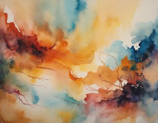 Abstract watercolor painting of a vibrant sunset over water with vivid colors blending into each other, suitable for backgrounds and art themes.