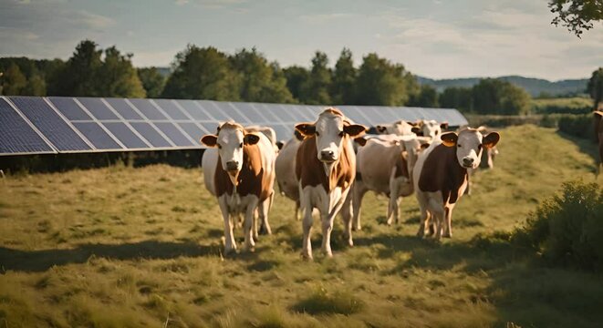 Cows on the farm with solar panels.