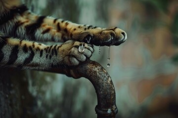 Cat Paw Resting on Water Faucet
