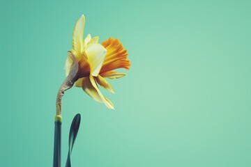 A daffodil in the process of blooming, capturing the dynamic movement and energy of spring, against...