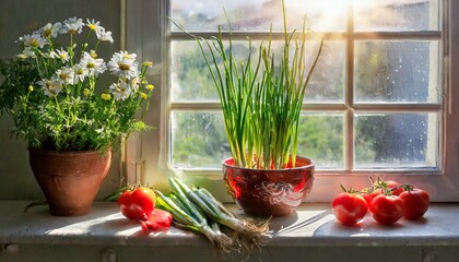 Fenêtre avec pot d’oignons verts, tomates, fleurs coupées, sur le rebord de la fenêtre - obrazy, fototapety, plakaty