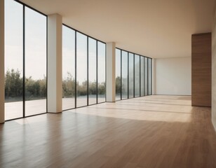 Modern empty room with large windows, natural light, and wooden floor, overlooking a serene outdoor scene.