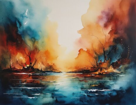 Abstract watercolor landscape with vibrant sunset colors reflecting on water, artistic background.