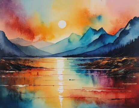 Abstract watercolor landscape with vibrant sunset colors reflecting on water, artistic background.