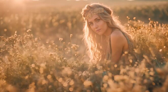 Portrait of a hippie woman in the field.