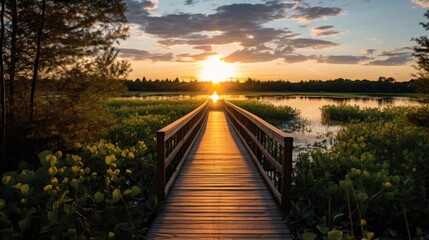 Tranquil sunrise over wooden path in swamp, capturing the beauty of a summer morning