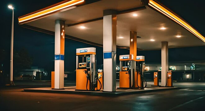 View of a gas station at night.