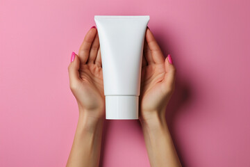 Young female hands holding blank white squeeze bottle plastic tube on pink background. Packaging of cream