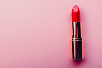 Red lipstick on on pink background with copy space - obrazy, fototapety, plakaty