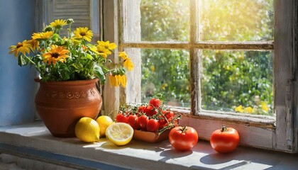 Fenêtre avec pot de terre, tomates, fleurs coupées, citrons sur le rebord de la fenêtre