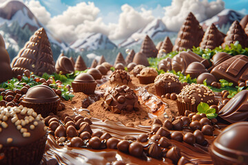 An illustration of chocolate worlds, a magical and whimsical depiction of a fantasy land made of sweet treats. Perfect for dessert-related events and promotions.