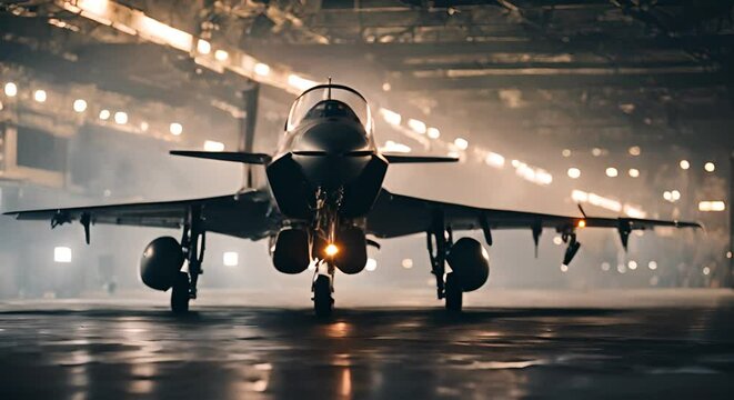 Fighter jet in a hangar.