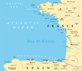 Bay of Biscay, also known as Gulf of Gascony, political map. Gulf of the northeast Atlantic Ocean, lying south of the Celtic Sea, along the western coast of France and the northern coast of Spain. - obrazy, fototapety, plakaty