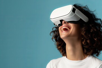 enthusiastic woman wearing virtual reality. - obrazy, fototapety, plakaty