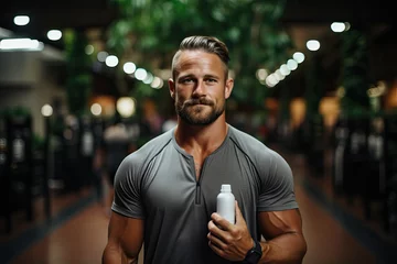 Fototapeten Fitness Trainer Holding Deodorant Bottle, Jim Gym Background © Nick Alias