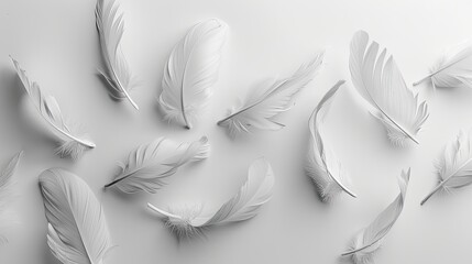 A mesmerizing set of delicate white feathers, isolated on a pristine white background, evoking an ethereal sense of beauty