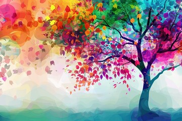 Obraz na płótnie Canvas Colorful tree with leaves on hanging branches illustration background. 3d abstraction wallpaper . Floral tree with multicolor leaves