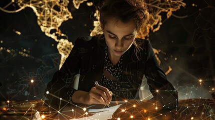 a businesswoman as she meticulously draws out a global network structure and client connection data exchange on a dark background.