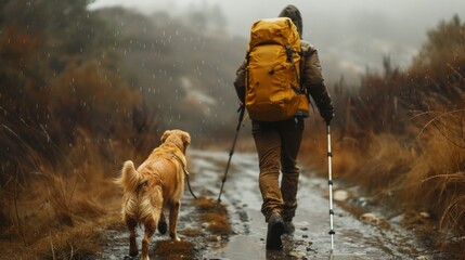 Back view of hiker with yellow backpack with trekking sticks hiking with his dog