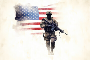A soldier is standing in front of the American flag. The soldier is wearing a camouflage uniform and holding a rifle. Concept of patriotism and pride in serving one's country