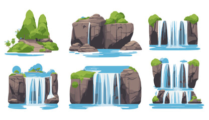 Set of waterfalls isolated on white, vector illustration