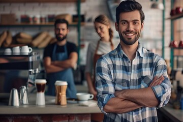 Successful small business owner standing with crossed arms with employee in background preparing coffee  - obrazy, fototapety, plakaty