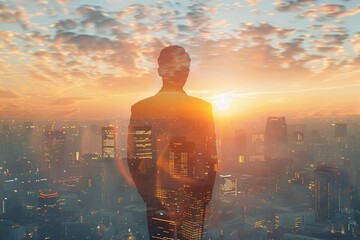 The double exposure image of the business man standing back during sunrise overlay with cityscape image. 
