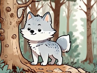 Charming cute wolf cartoon style animal in the forest - Generated by Generative AI