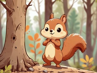 Charming funny squirrel cartoon style animal in the forest - Generated by Generative AI