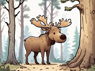 Charming moose cartoon style animal in the forest - Generated by Generative AI