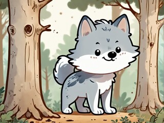 Charming little wolf cartoon style animal in the forest - Generated by Generative AI