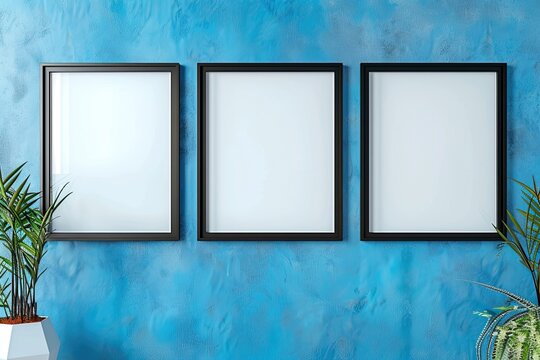 Three empty modern square black frame mockup design on a blue wall room for prints and photos. 32k, full ultra hd, high resolution