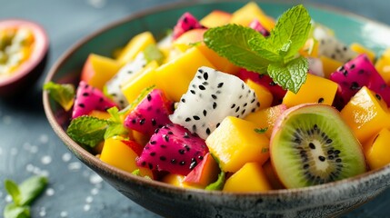 A vibrant close-up shot of an exotic fruit salad