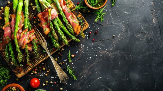 Tasty fresh healthy food asparagus in bacon food in dark background. AI generated image