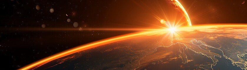 arch of orange solar eclipse across earth view from space - obrazy, fototapety, plakaty