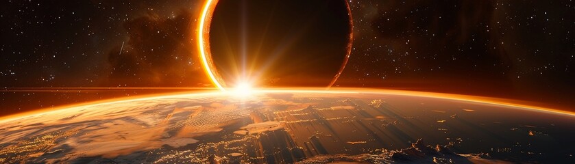 arch of orange solar eclipse across earth view from space
