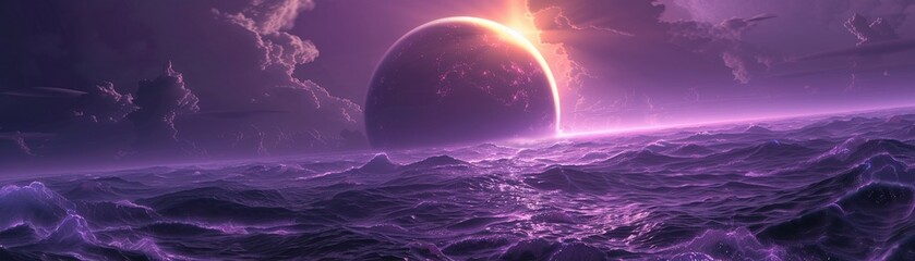 blackened purple glowing sun hanging over a turbulent alien sea